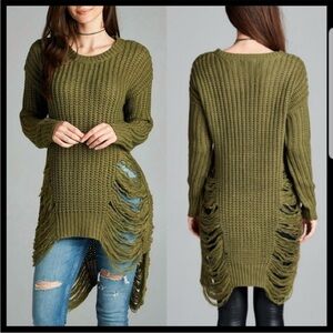 Active USA Olive Green High Low Distressed Chunky Knit Top Sz M